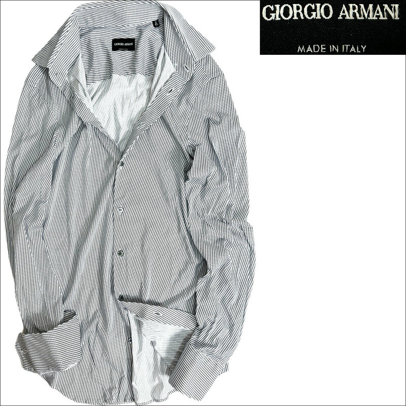 J6089 美品 ジョルジオアルマーニ 総柄ストレッチシャツ ブラック×ホワイト 40/15(3/4) GIORGIO ARMANI