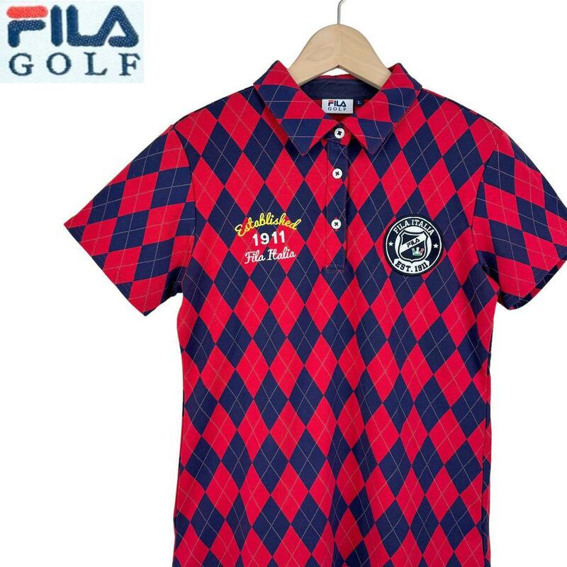 即決★ サイズL★FILA GOLF★ 半袖ポロシャツ アーガイル柄 フィラゴルフ ゴルフウェア メンズ T2608 古着公園