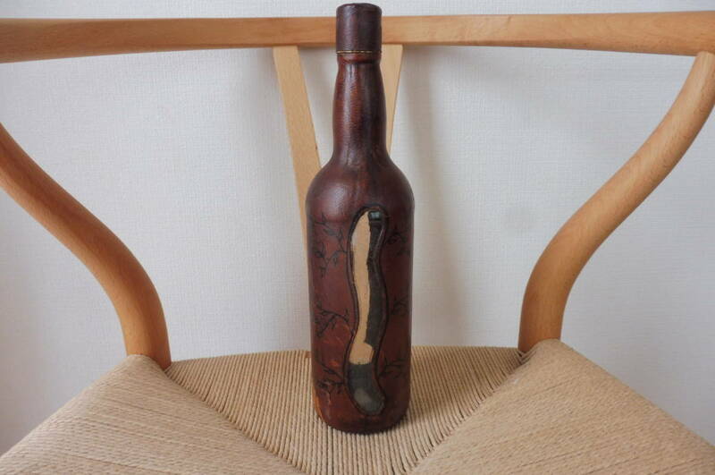 当時物 スペイン製 ヴィンテージ 革巻 レザー デキャンタ ボトル 洋酒ボトル 革製 リアルレザー 本革 アンティーク デカンタ 花瓶
