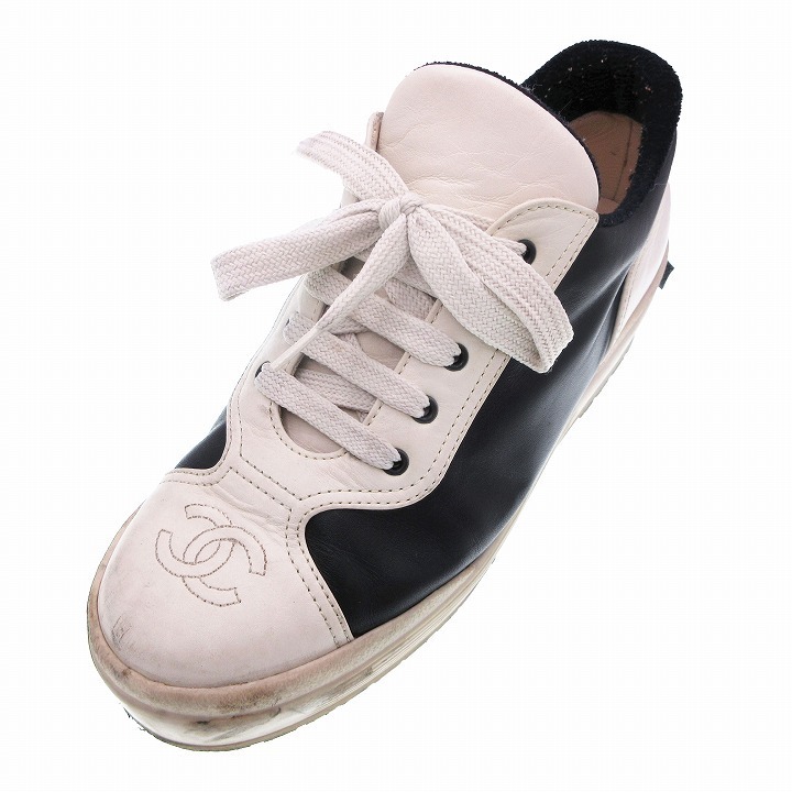 シャネル CHANEL identification レザー スニーカー ローカット ココマーク 刺繍 バイカラー シューズ 靴 38 24.0 黒 白 ur21