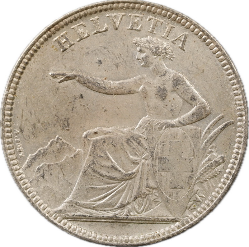 T129★ スイス/ 1855年/ 5フラン Francs/ 直径約36.39mm 重量約22.3g