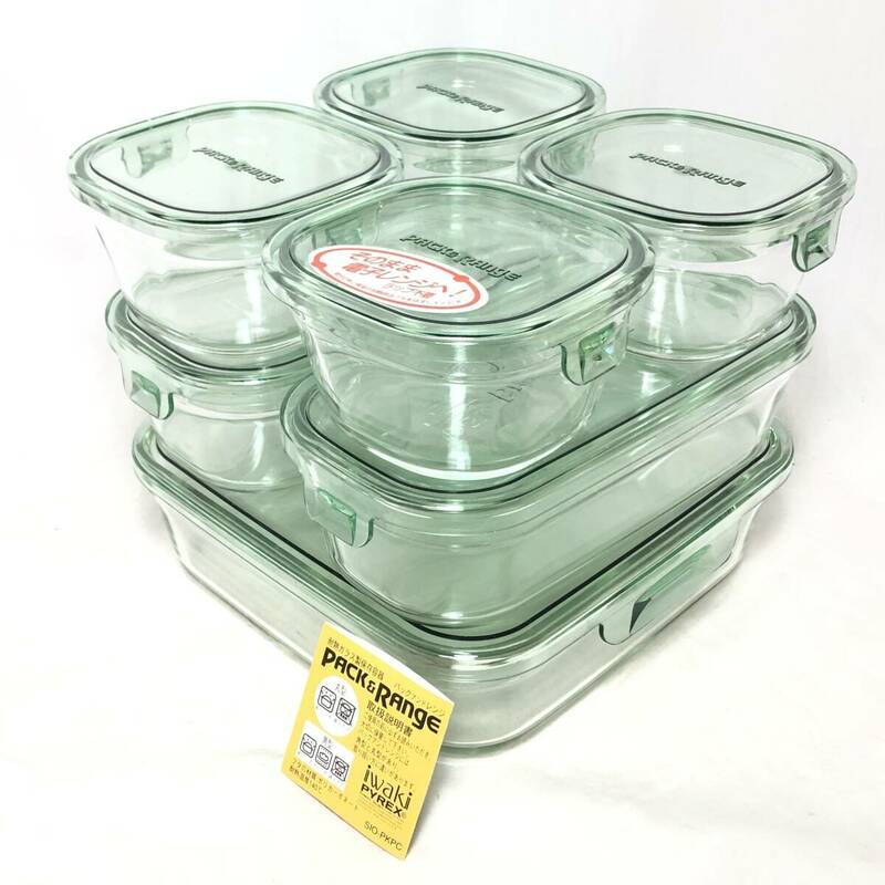 ＊【未使用】IWAKI パック&レンジ 耐熱ガラス 保存容器 7個セット 角型 グリーン キッチン イワキ