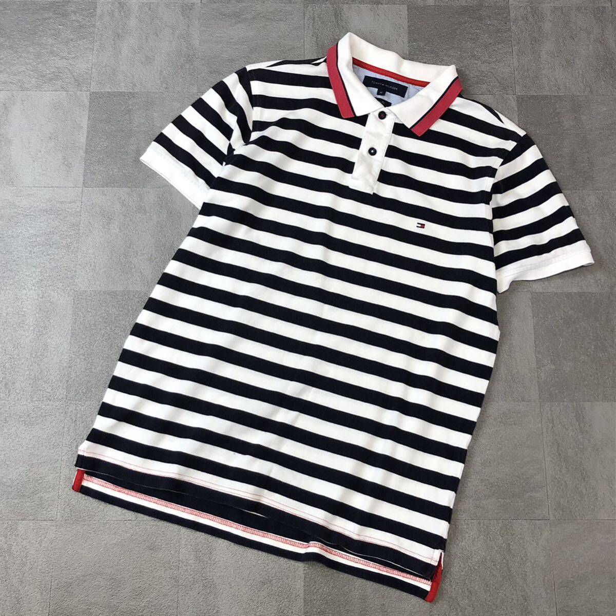 TOMMYHILFIGER トミーヒルフィガー　ボーダー半袖ポロシャツ ポロシャツ Slim Fit スリムフィット　ネイビーホワイト　サイズM 古着