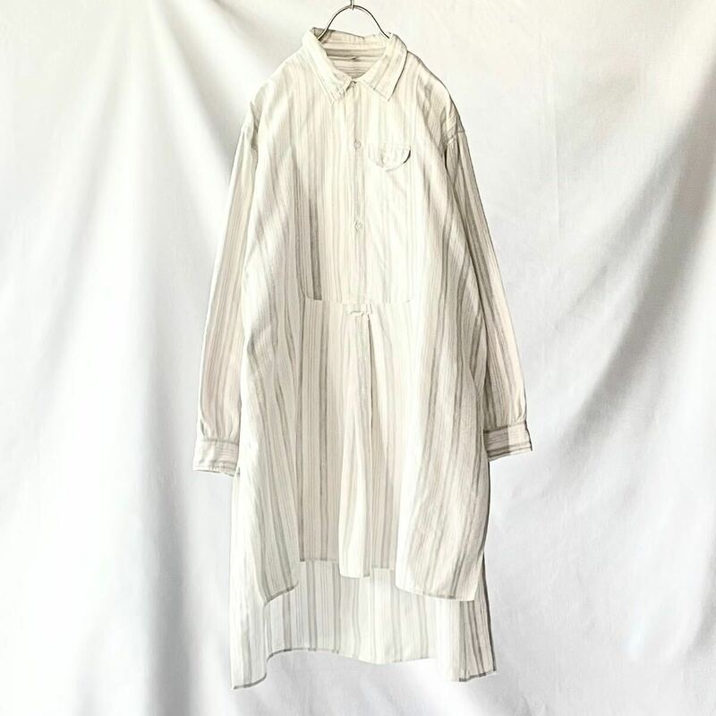 euro vintage 白　ストライプ　グランパシャツ　大きめ　ヴィンテージ　古着　マチ付き　ビンテージ　プルオーバー　シャツ　ヨーロッパ