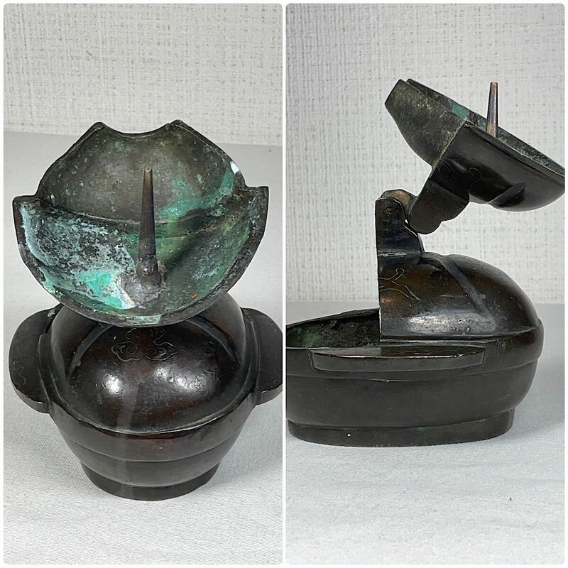 古銅 銀象嵌　燭台 江戸時代　銅製 蝋燭台　旅道具　折りたたみ式　携帯用　中国美術 