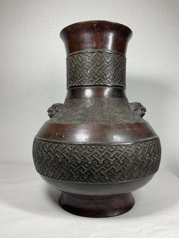 中国美術　古銅 花瓶 獅子耳　時代物 