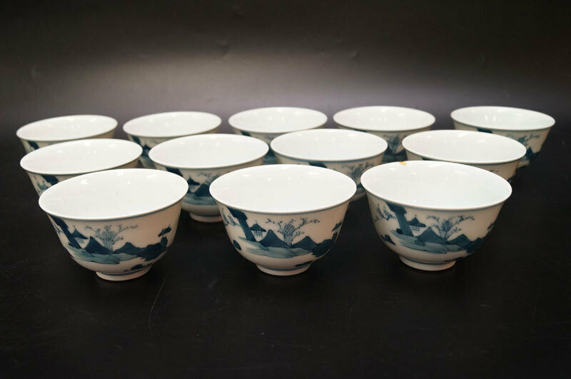 大明成化年製 煎茶碗 12客 染付 湯呑 茶道具-677