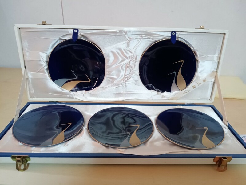#340 未使用 深川製磁 金銀鶴 瑠璃彩磁 小皿５客 食器 金彩