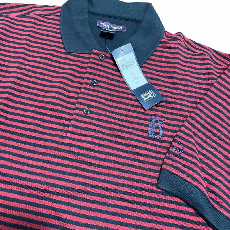 【タグ付き未使用】PGA TOUR 半袖ポロシャツ ゴルフウェア GOLF ボーダー 赤黒 ビッグサイズ 表記S メンズXL相当