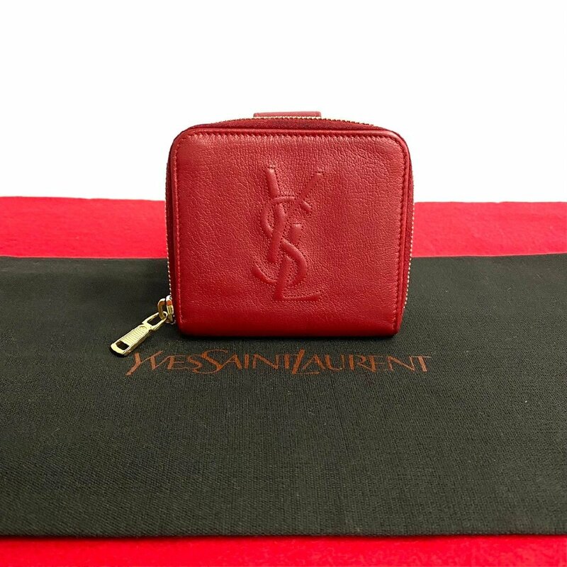 極 美品 YVES SAINT LAURENT イヴサンローラン YSL ロゴ 金具 レザー 本革 ラウンドジップ 二つ折り 財布 ミニ ウォレット レッド 33636