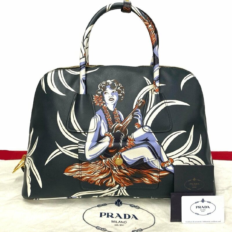 極 美品 保存袋 カード付 PRADA プラダ ハワイアンプリント サフィアーノ レザー ハンドバッグ ボストンバッグ グリーン オレンジ 31486