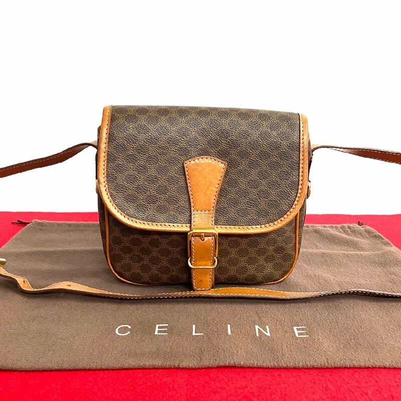 極 美品 CELINE セリーヌ ヴィンテージ マカダム ブラウン トリオンフ ロゴ レザー ミニ ショルダーバッグ ポシェット ブラウン 茶 56022