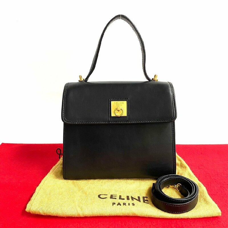 極 美品 袋付 CELINE セリーヌ ヴィンテージ リング ロゴ 金具 レザー 2way ハンドバッグ ミニ ショルダーバッグ ブラック 黒 72538