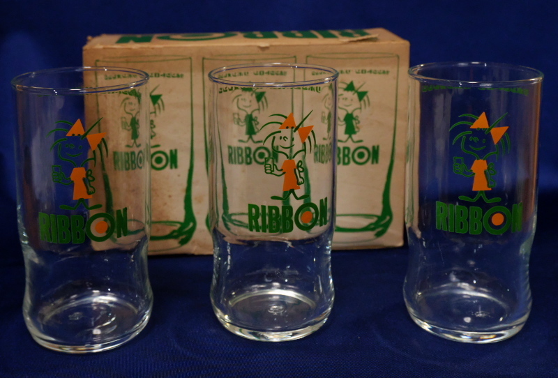昭和レトロ リボンシトロン リボンオレンジ 特製グラス３個組　箱入り 昭和32年頃　未使用品 