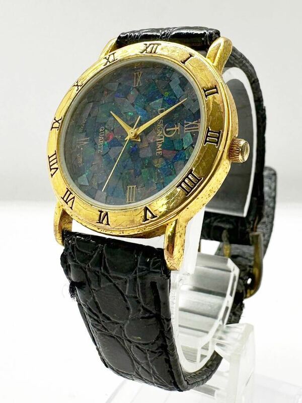【デザインタイム1円〜】DESIGN TIME AUSTRALIAN OPAL ゴールド 腕時計 QZ 稼動品 中古 8744O