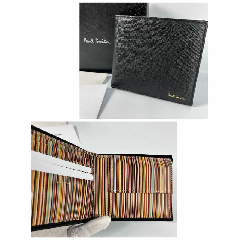 未使用　Paul Smith 二つ折り財布　コンパクトウォレット　折り財布 箱付き　未使用 サフィアーノレザー マルチストライプ ブラック 黒