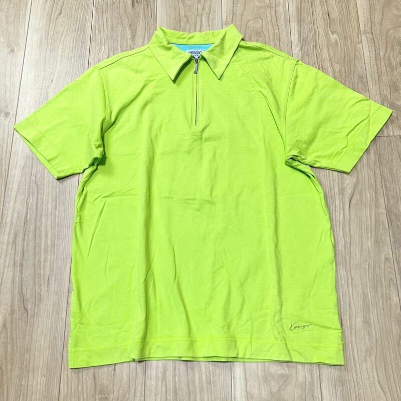 【送料360円】OLD KENZO オールド ケンゾー 半袖シャツ ハーフジップ 黄緑 ライトグリーン ポロシャツ HOMME メンズ サイズ3 日本製 R-4332