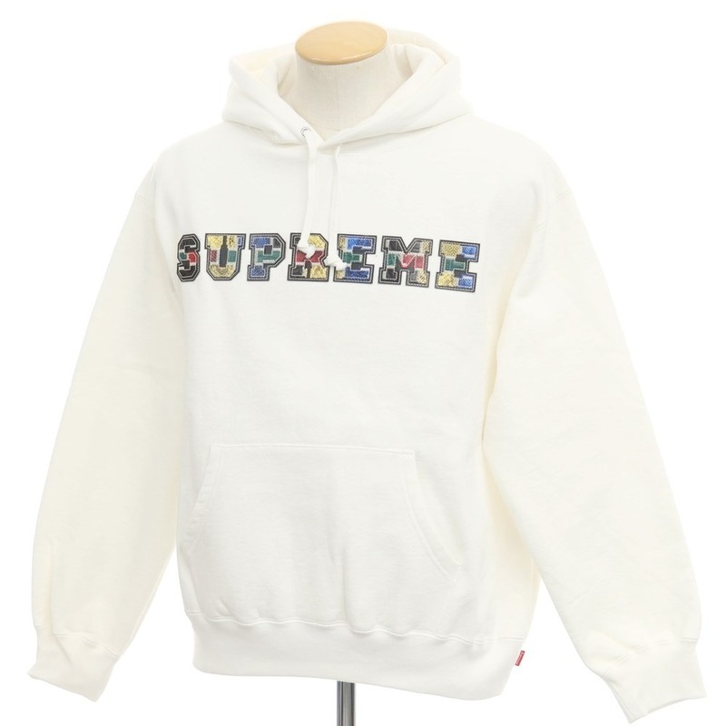 【中古】シュプリーム Supreme 2023年秋冬 Collegiate Patchwork Leather Hooded Sweatshirt パーカー ホワイト【サイズS】