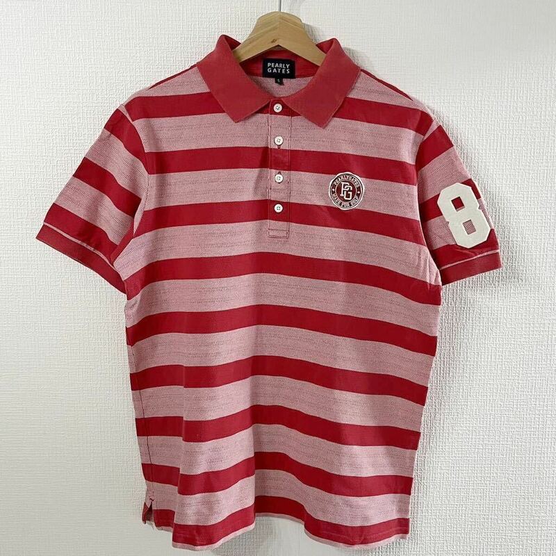 「1円」美品PEARLYGATES パーリーゲイツ　ポロシャツ　ゴルフウェア　レッド　赤　ボーダー　刺繍　ワッペン