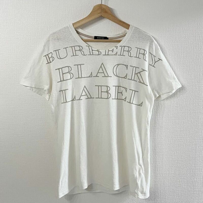「1円」バーバリーブラックレーベル　Uネック　Tシャツ　ブランドロゴ　プリント　ホワイト　サイズ3