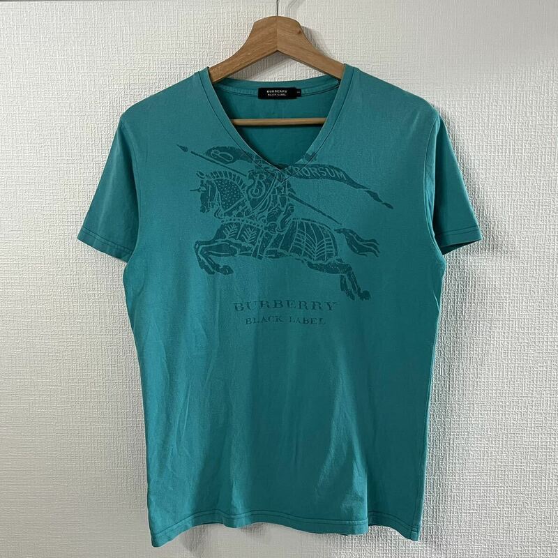 「1円」希少カラーBURBERRY BLACK LABEL バーバリーブラックレーベル　Tシャツ　エメラルドグリーン　サイズ２　M相当　騎士　ホースロゴ