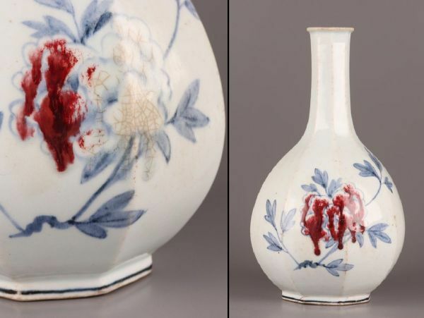 古美術 朝鮮古陶磁器 李朝 面取 白磁 染付 辰砂 花瓶 時代物 極上品 初だし品 C5925