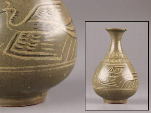 古美術 朝鮮古陶磁器 高麗青磁 白黒象嵌 徳利 時代物 極上品 初だし品 C6076
