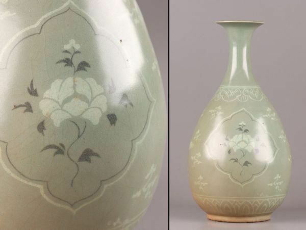 古美術 朝鮮古陶磁器 高麗青磁 白黒象嵌 花瓶 時代物 極上品 初だし品 C6053