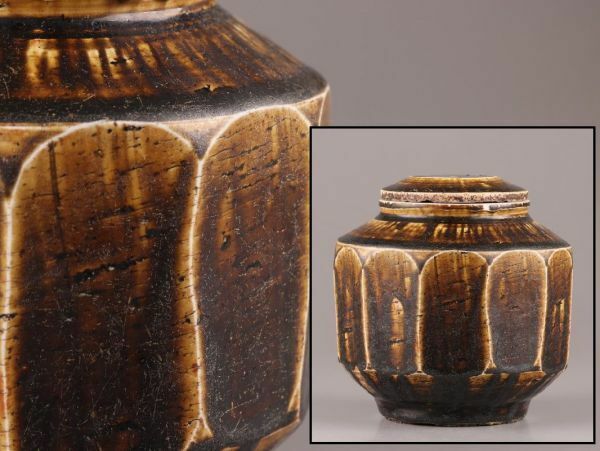 古美術 朝鮮古陶磁器 李朝 飴釉 面取 蓋付 壷 時代物 極上品 初だし品 C6181