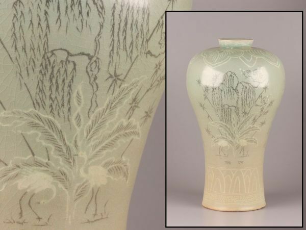 古美術 朝鮮古陶磁器 高麗青磁 白黒象嵌 梅瓶 時代物 極上品 初だし品 C6200