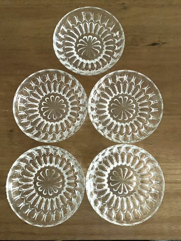 昭和レトロ ガラスプレート 5枚セット お皿 サラダ フルーツ ガラス皿 中皿 小皿 