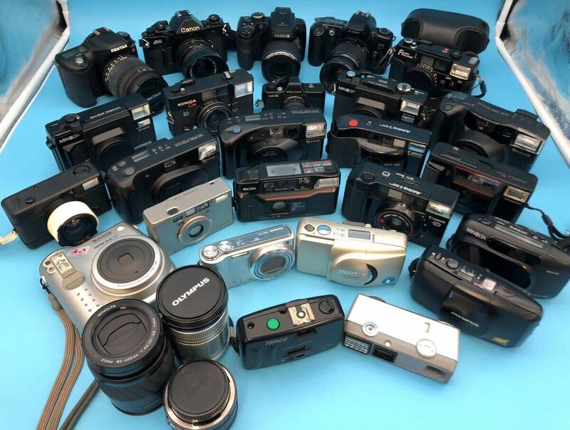 フィルムカメラ デジカメ レンズ まとめて28点 一眼レフ 日本製 ジャンク キャノン コニカ ミノルタ PENTAX FUJI Canon KONICA チェキ 大量