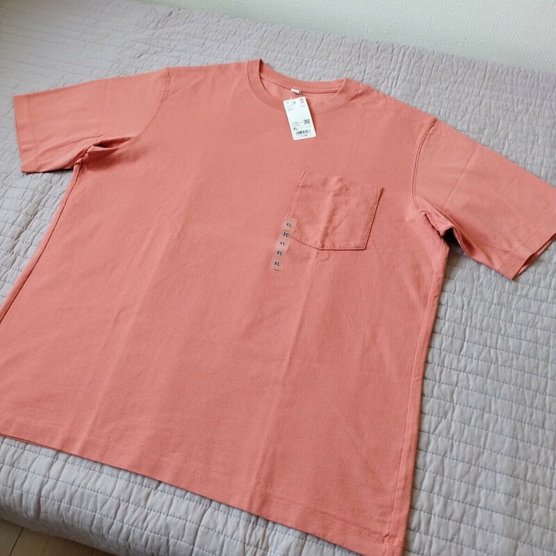 1点のみ● 未使用 タグ uniqlo ユニクロ 5分袖 オーバーサイズ ポケツキ Tシャツ xl メンズ orange 胸ポケット●ネコポス 送料無料