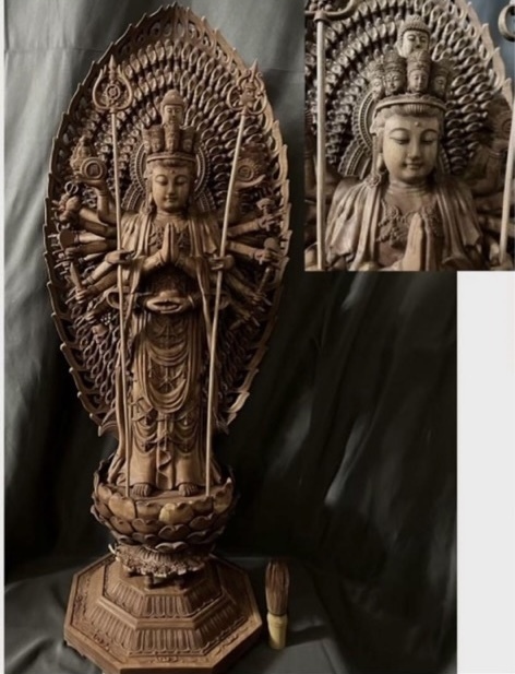 特大型高80cm 仏教工芸品　総楠製　井波彫刻　木彫仏像　千手観音菩薩立像