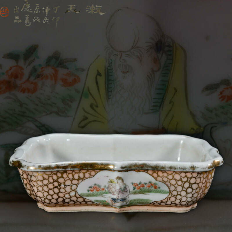 br10597 中国古玩 描金色絵人物漢詩文盆栽鉢 在銘 陶磁器 置物 唐物 25x15cm 高6.5cm