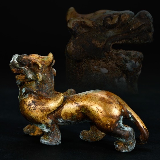 br10587 中国美術 古銅製 鍍金麒麟置物 銅製置物 青銅 唐物 9.4x3.2cm 高5.8cm 重178.2g