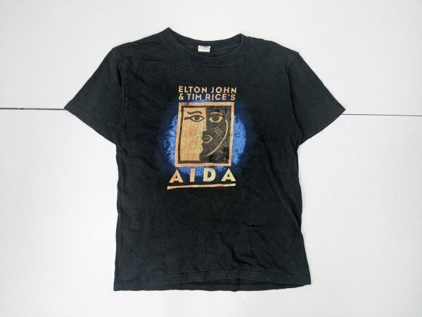 17．90s エルトンジョン フェードブラック AIDA デカロゴ プリント 半袖 ミュージカル Tシャツ ELTON JOHN TIM RICE'S メンズM 黒橙黄x503