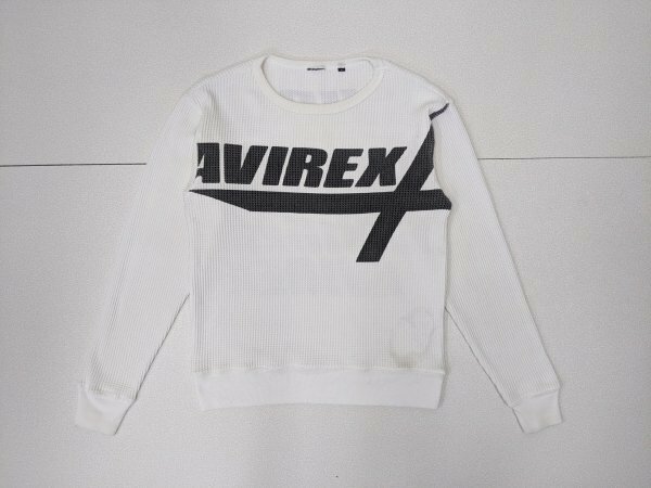 12．AVIREX デカロゴ 染み込みプリント 長袖 サーマル Tシャツ ロンT ワッフル ミリタリー アビレックス メンズS 白黒x502