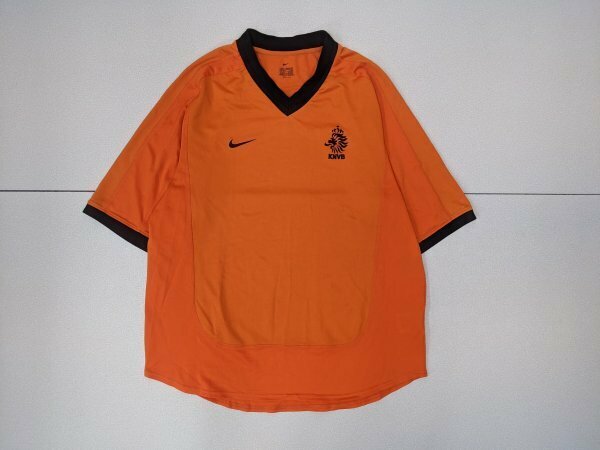16．オランダ代表 00年 ポルトガル製 ナイキ 00s ロゴ 半袖 Vネック サッカー ユニフォーム ゲーム シャツ メンズL 黒橙 x509
