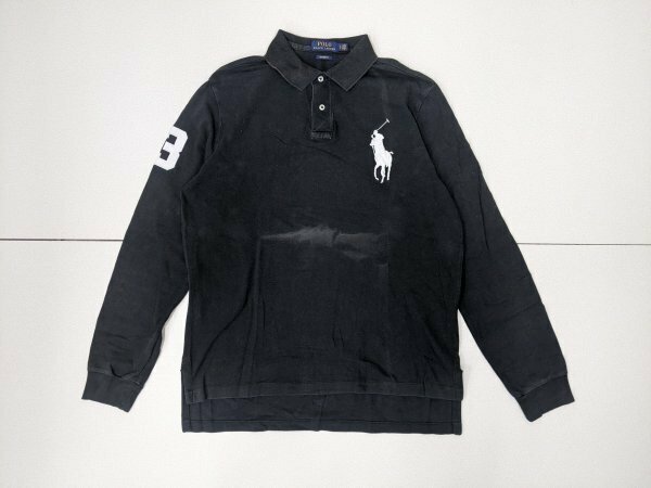 6．POLO ポロラルフローレン サンフェード ビッグポニー ロゴ 長袖 鹿の子 ポロシャツ ブラックフェード メンズL 黒白x505