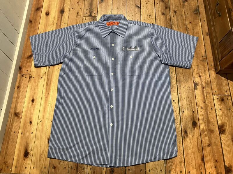 REDKAP USA輸入　ストライプ　メンズL 100円スタート　売り切り　ワークシャツ　半袖　古着　水色　ブルー　刺繍　レッドキャップ