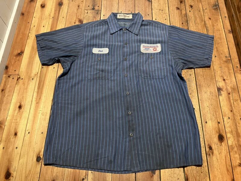 CINTAS USA輸入　メンズL ストライプ　100円スタート　売り切り　ワークシャツ　半袖シャツ　古着　シンタス　ブルー　グレー