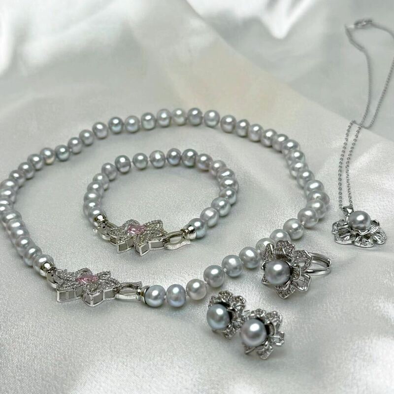 珍品！高品質！本真珠ネックレス5点セット　天然パールピアス　ブレスレット　パールリング　necklace コバルト　42+17cmネックレス 