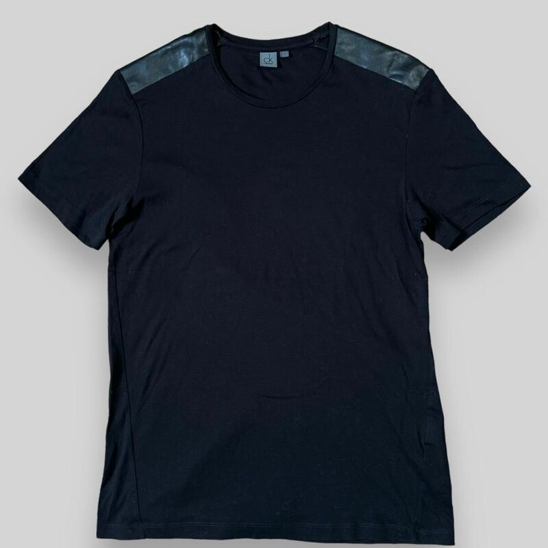 希少！ Calvin Klein カルバンクライン ヨーク レザー切り替え 半袖 デザイン Tシャツ L 黒 ブラック 肩 パッチ CK クレストブリッジ