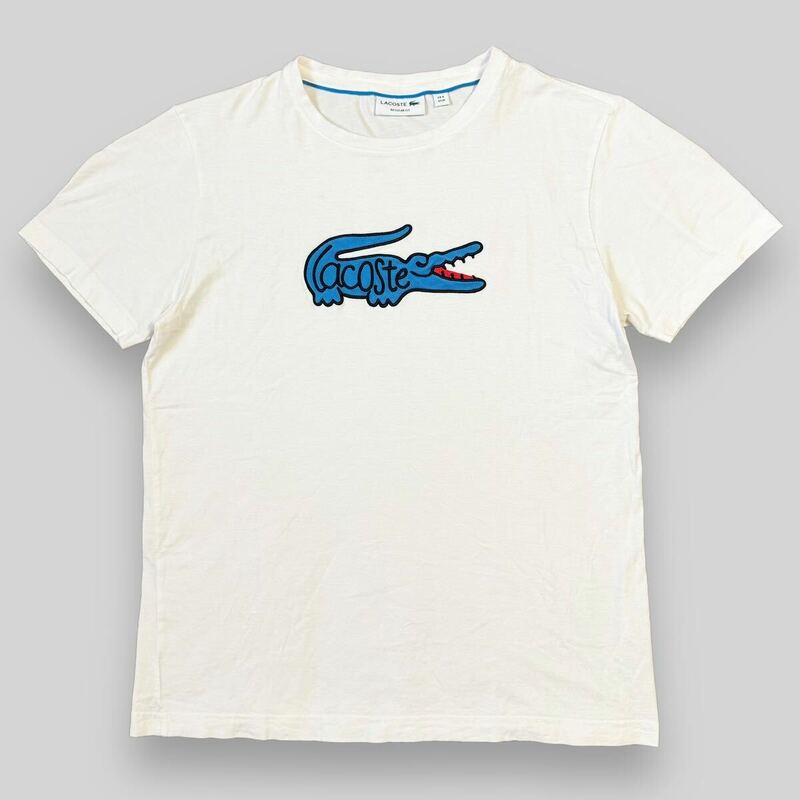 LACOSTE ラコステ ビッグ 刺繍ロゴ 半袖 Tシャツ サイズ 4 ( L ) 白 青 ホワイト ブルー ビッグロゴ フレンチ フレラコ ラコステジャパン