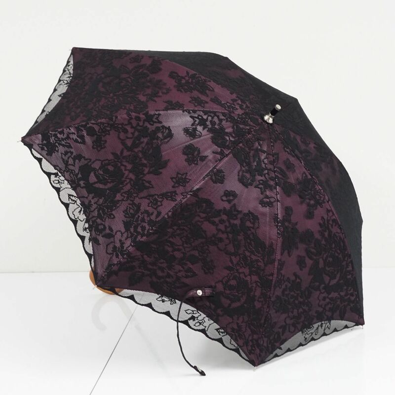 日傘 ブロンズ USED美品 フラワー レース 黒 パープル×ブラック 晴雨兼用 UV 遮光 遮熱 45cm A0578
