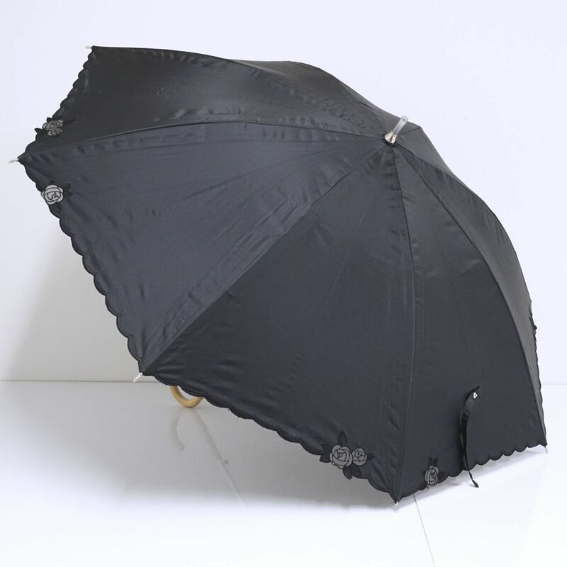 日傘 NINA RICCI ニナリッチ USED美品 晴雨兼用 ローズ ブラック オーガンジー ジャンプ UV 遮光 遮熱 55cm S0668