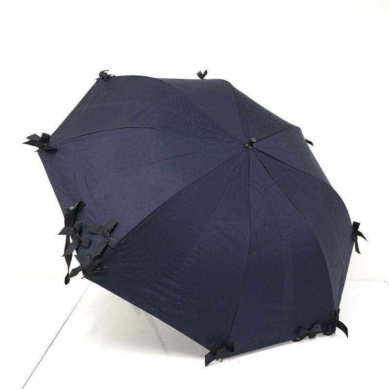 折りたたみ日傘 JILL STUART ジルスチュアート USED品 晴雨兼用 ネイビー リボン ロゴ刺繍 UV 50cm FA8431