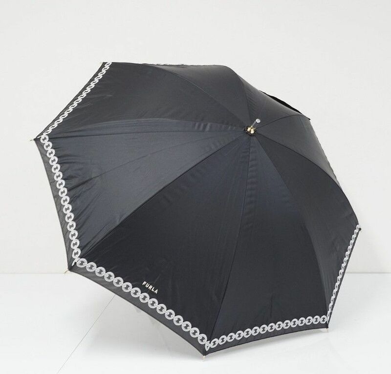 日傘 FURLA フルラ レディース 晴雨兼用日傘 USED美品 ロゴ サークル刺繍 ブラック UV 遮光 50cm