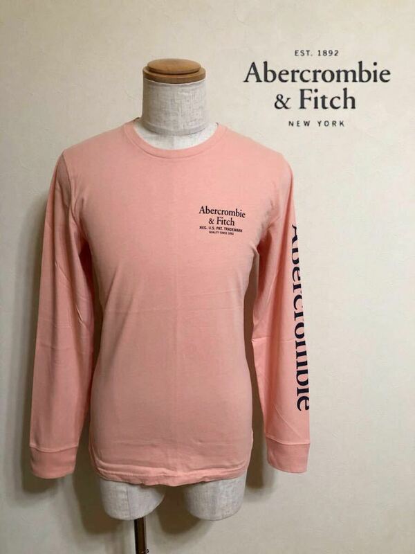 【新品】 Abercrombie & Fitch アバクロンビー&フィッチ ロングスリーブ ビッグロゴ Tシャツ ロンT トップス 長袖 サイズS ピーチ 175/92A